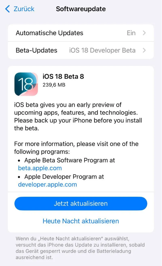 浠水苹果手机维修分享苹果 iOS / iPadOS 18 开发者预览版 Beta 8 发布 